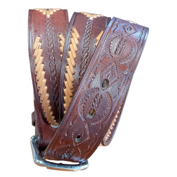 Brown Leather Mens 42 Western Belt Tan Dk Brown Stitching Southwest Cowboy - Picture 3 of 9